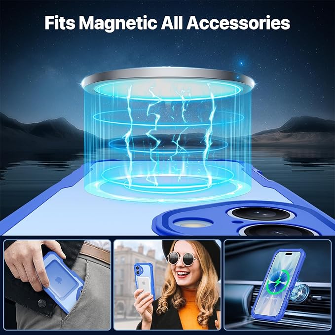 CENHUFO Magnetic Privacy for iPhone 17 Case [Compatible with Magsafe] Full Body Phone Case Built-in 9H Tempered Glass Privacy Screen Protector Camera Protection Shockproof Bumper Clear Cover -Blue