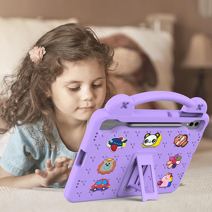 AKABEILA Compatible with Samsung Galaxy Tab S7 FE 12.4(2021)/Tab S7 Plus(2020)/Tab S8 Plus(2022) 12.4/Tab S9 Plus(2023) 12.4 Tablet Case, Shoulder Strap & Pen Tray for Girl Kid Gift Light Purple