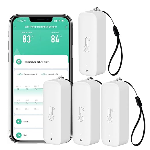 WiFi Hygrometer Thermometer Sensor: Wireless Smart Temperature Humidity Monitor with App Notification Alert, Data Storage Export, Calibration Function, Compatible with Alexa (White-4PCS)