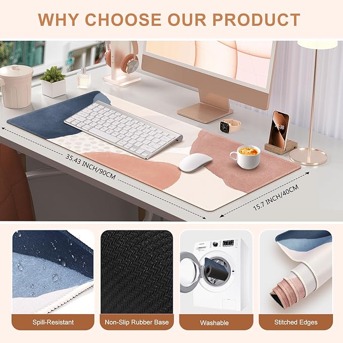 HAOCOO Desk Mat, Computer Desk Pad, Large Mouse Pad for Desk, 35.4" x 15.7" Gaming Mousepad for Desktop with Non-Slip Base, Waterproof Laptop Keyboard Mat for Home Office, Light Pink Boho