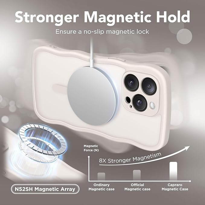 CAPRARO Cute for iPhone 15 Pro Case, Compatible with MagSafe, [Curly Wave Edge] [Full Camera Protection] [14 FT Drop Protection] Magnetic Phone Case for 15 Pro 6.1 Inch, Stone