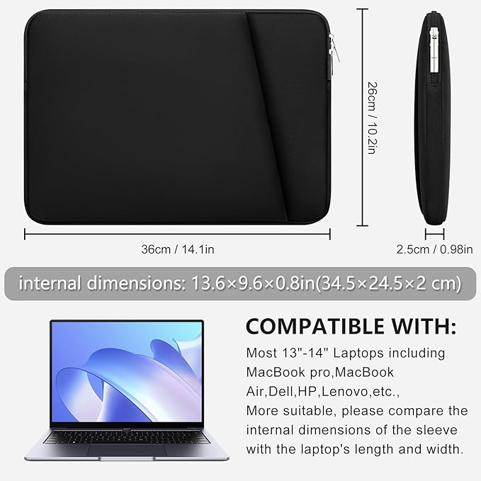 Laptop Sleeve Case with Zipper Accessory Pocket Compatible with 13 to 14 inches MacBook Air/Pro Padded Computer Pouch Cover Shockproof Protective for 13” to 14” Laptop/Chromebook/Tablet,Black