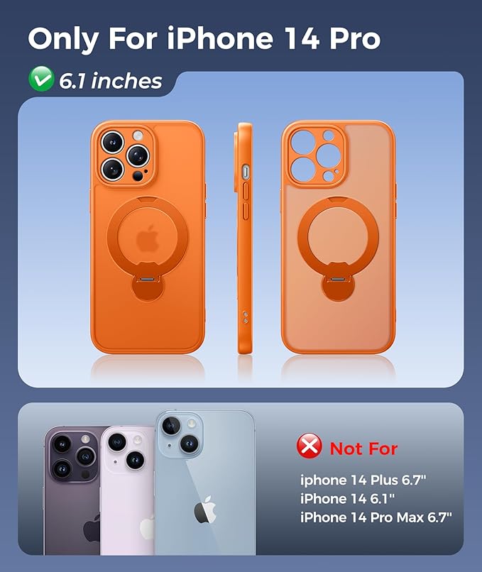 FNTCASE for iPhone 14 Pro Case: [360 Spin Magnetic Stand] [Compatible with Magsafe] [Screen Protector] Translucent Matte Military Grade Shockproof Full Camera Protective Phone Cover - Orange