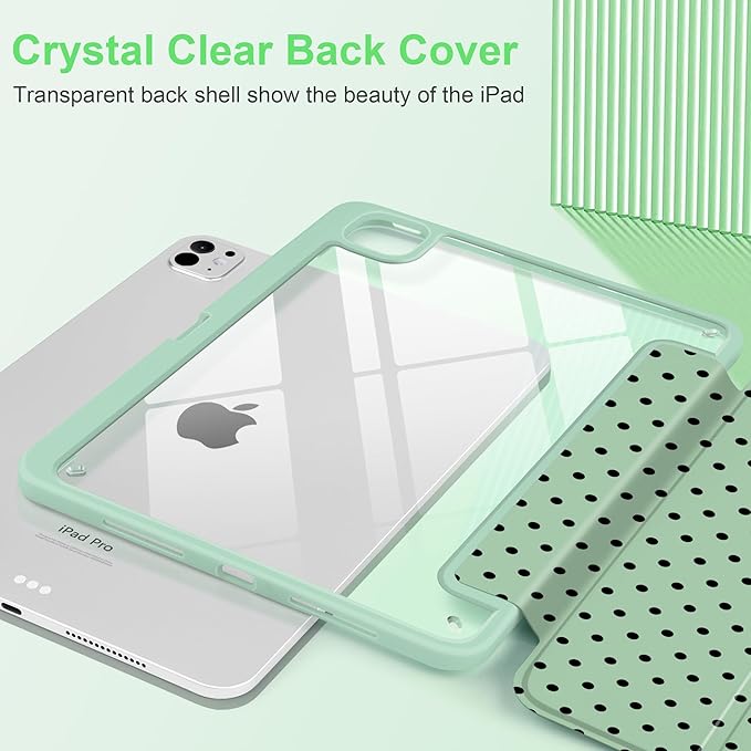 Case for iPad Pro 11 Inch (M5 2025 M4 2024) – [Built-in Pencil Holder], Shockproof & Stylish, Clear Hard Back + Soft TPU Edge, Magnetic Trifold Stand, Auto Wake/Sleep, Green Polka dot