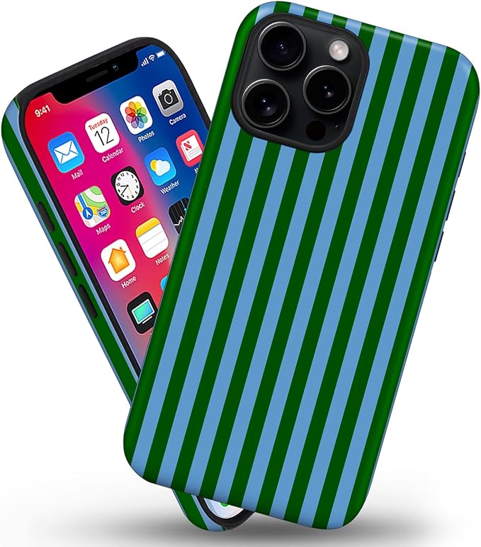 Magnetic for iPhone 13/14 Case Cute Stripes Phone Case, Shockproof Slim TPU and Hard PC Protective Phone Cover Compatible with MagSafe Designed for Women Girls, Green and Blue