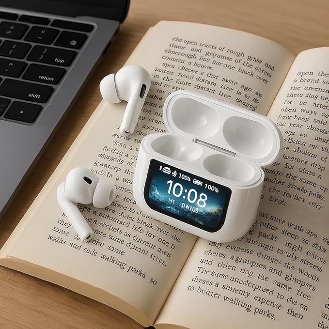 IQ Sound IQ-341 ANC & ENC Bluetooth Earphone with Touchscreen Display Charging Case, True Wireless Earbuds, Stereo Sound, Dual Mic, Voice Assistant, In-Ear Detection, USB-C Charging (White)
