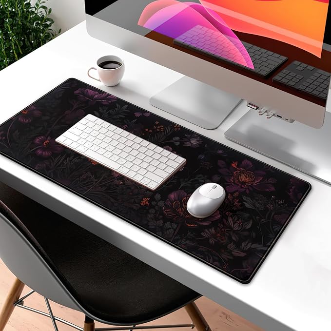 Dark Cottagecore Desk Mat Black Purple Flower XL Mouse Pad Large Gaming Mousepad Extended Vintage Aesthetic Desk Pad Keyboard Mouse Mat 31.5 x 11.8 in for Work Game Office Decor