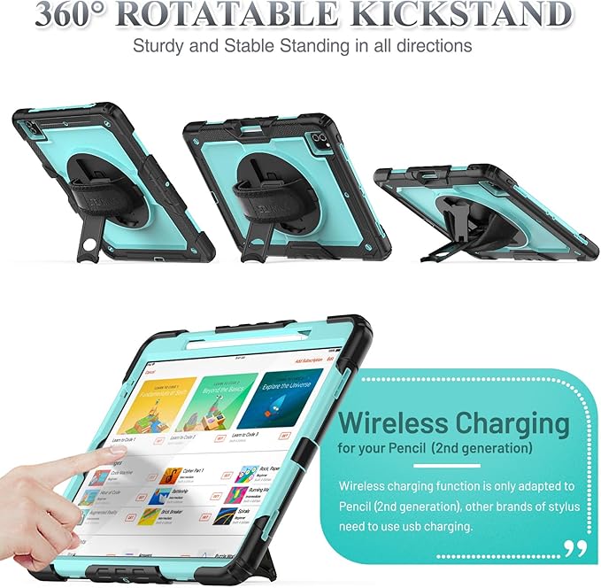 SEYMAC stock Case for iPad Pro 12.9'' 2022/2021/2020/2018 with Screen Protector 360 Rotating Stand Hand Strap, Drop-Proof Case for iPad Pro 12.9''(6th/5th/4th/3rd Generation), SkyBlue/Black