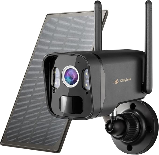 Kittyhok 2K Solar Security Camera Outdoor, 4MP Black FHD Wireless Security Camera, Solar Powered, Forever Power, Smart Detection, Night Vision, Spotlight, Weatherproof for Home Surveillance