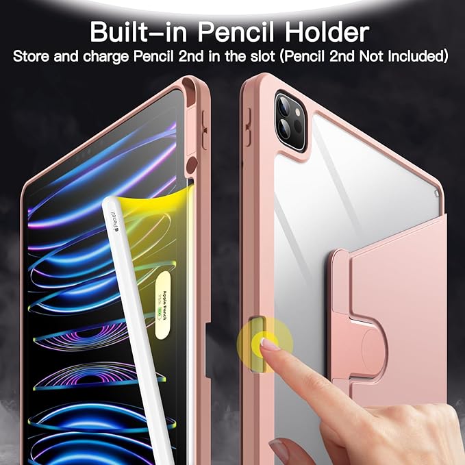 JETech Rotating Case for iPad Pro 12.9-Inch (2022/2021/2020/2018) with Pencil Holder, 360 Degree Rotation Protective Stand Cover Clear Back, Auto Wake/Sleep (Rose Gold)