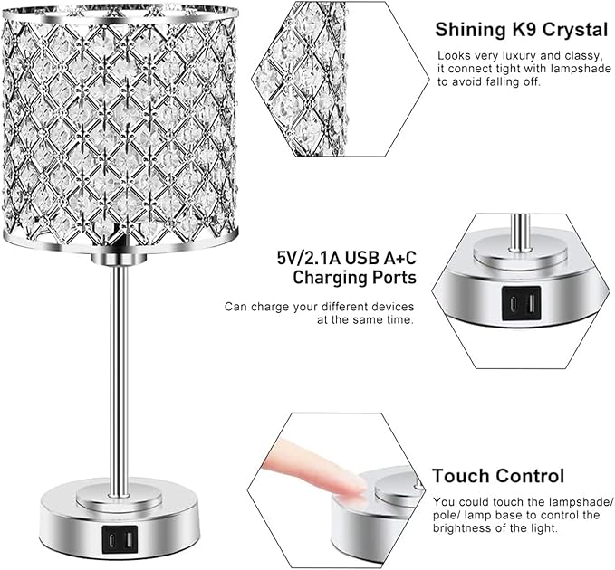 GyroVu Crystal Table Lamp for Bedroom Living Room, Touch Control Bedside Lamp with USB C+A Ports - Dimmable Nightstand Lamp Modern Light, Bulb Included