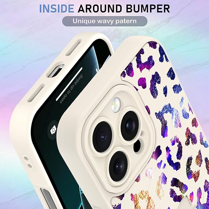 KANGHAR Compatible with iPhone 16 Pro Max Case, Support for MagSafe, Silicone Cute Iridescent Leopard Cheetah Pattern, Wristband Kickstand Shockproof Protective Slim Cover for Women Girls, White