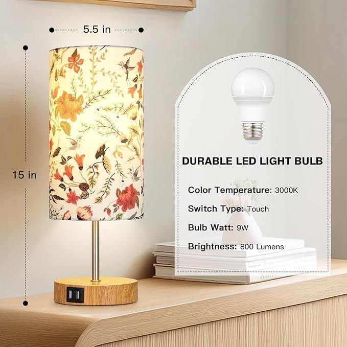 CINSARY Bedside Touch Lamp with Flower Fabric Shade, 3 Way Dimmable Wood Bedroom Lamp for Nightstand with 2 USB Charging Ports, Small Table Lamp for Living Room Reading Desk (LED Bulb Included)