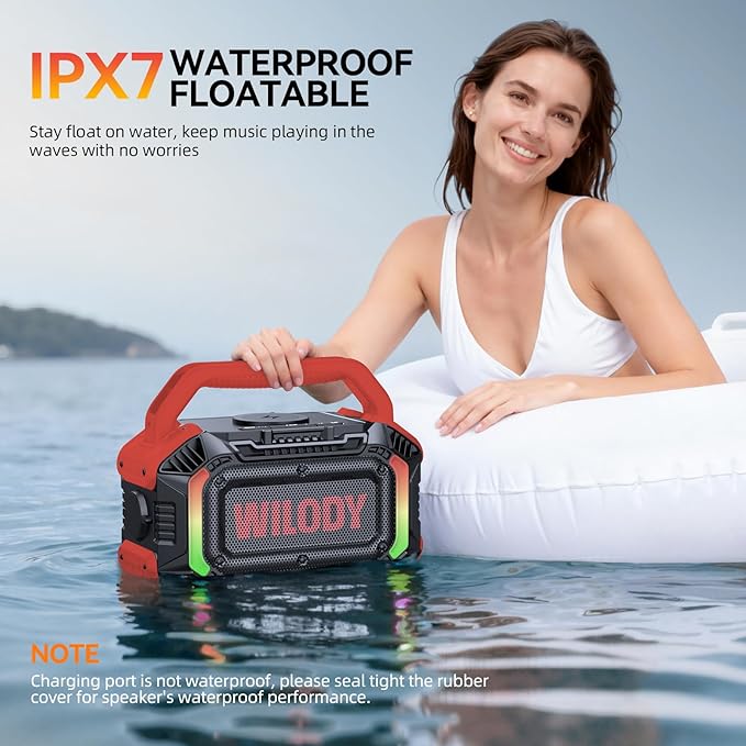 Wilody Speakers Bluetooth Wireless, 100W Loud Outdoor Speaker with Bass, IPX7 Waterproof Floatable, 20H Playtime, RGB Light, Portable Speaker with TWS for Work, Outdoor, Garage, Camping (Crimson)