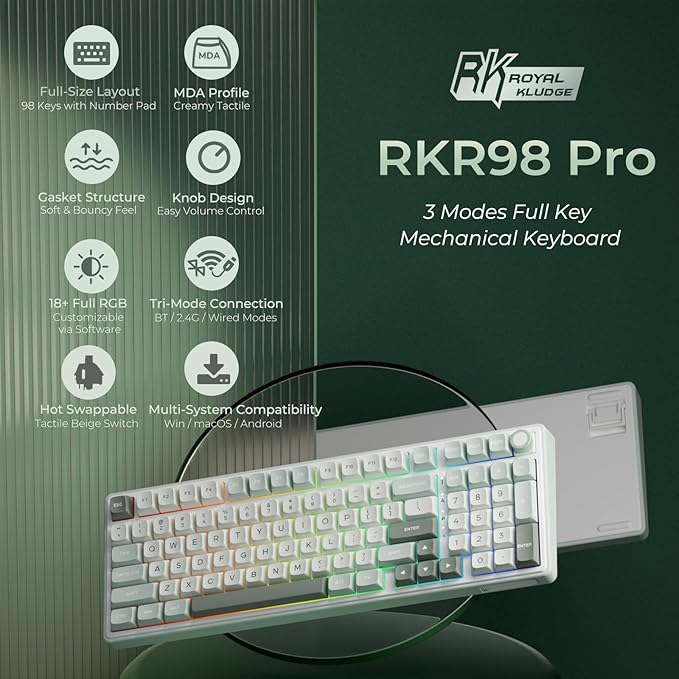 RK ROYAL KLUDGE R98 Pro Wireless Mechanical Keyboard, Creamy Bluetooth/2.4GHz/Wired RGB Gaming Keyboard with Number Pad and Knob, MDA Profile PBT Keycaps, Gasket Hot Swappable Tactile Switch, Green