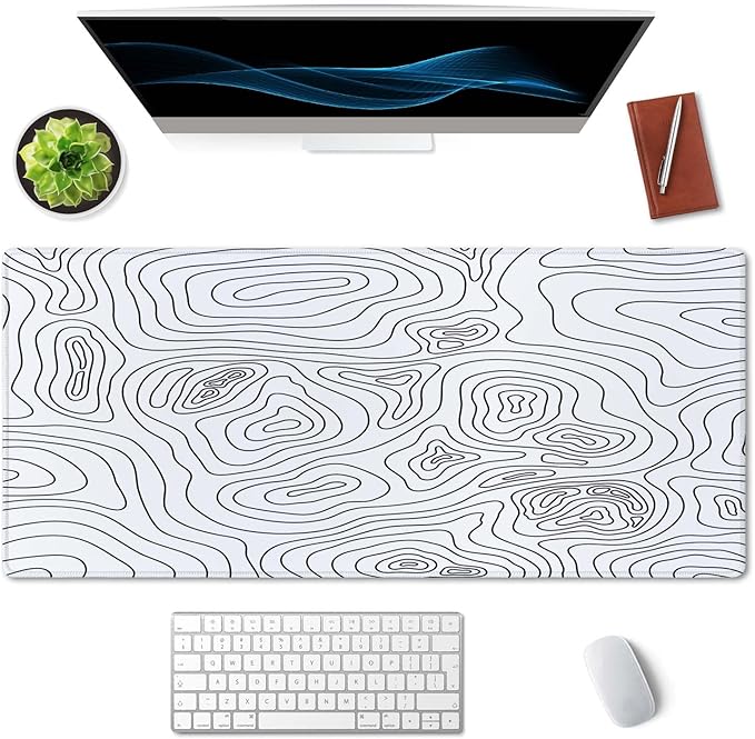 SSOIU White Topographic Desk Mat - Extended Gaming Mouse Pad (35.5x15.7 in), Large Non-Slip Rubber Base with Stitched Edges