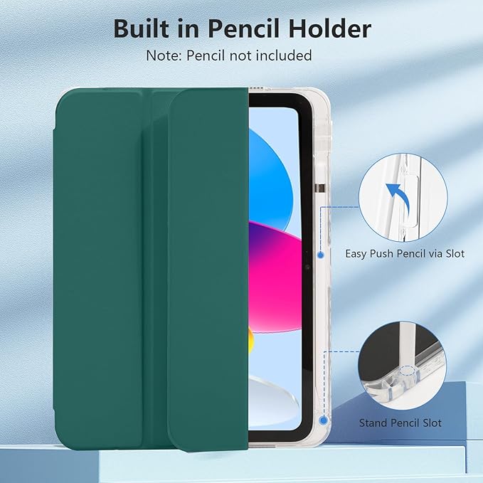 Case for iPad A16 11th Generation 11 Inch 2025, iPad 10th Generation 10.9 Inch 2022, Hybrid Protective Cover with Pencil Holder, Clear Transparent Back Shell Anti-Yellowing Case, Dark Green