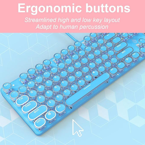 YSCP Typewriter Style Mechanical Gaming Keyboard White Backlit Wired with Blue Switch Retro Round Keycap 104 Keys Keyboard (Blue)