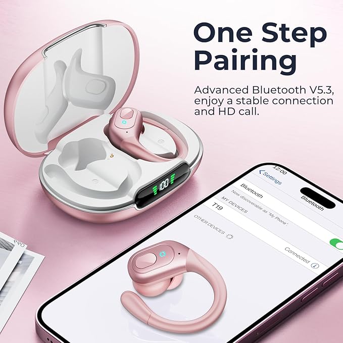 occiam Active Noise Cancelling Earbuds Wireless Bluetooth Headphones Ear Buds 90Hrs Playback Stereo Bass Earphones with Mic Over-Ear Hooks IPX7 Waterproof Headset for Work Sports (Rose Gold)