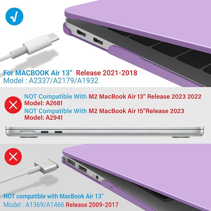 IBENZER Compatible with New MacBook Air 13 inch Case 2022 2021 2020 M1 A2337 A2179 A1932, Plastic Hard Shell Case with Keyboard Cover for Mac Retina Display with Touch ID, Purple, MMA-T13PU+1