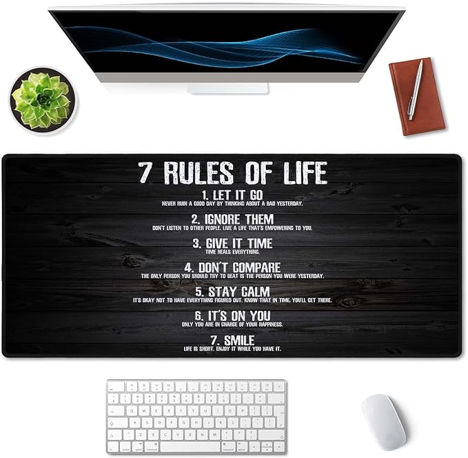 SSOIU 7 Rules of Life Motivational Quotes Mouse Pad 35.5 X 15.7 Inch XXL Full Desk Mousepad Extended Large Non-Slip Rubber Base Waterproof Big Keyboard Mat with Stitched Edges for Gaming and Office