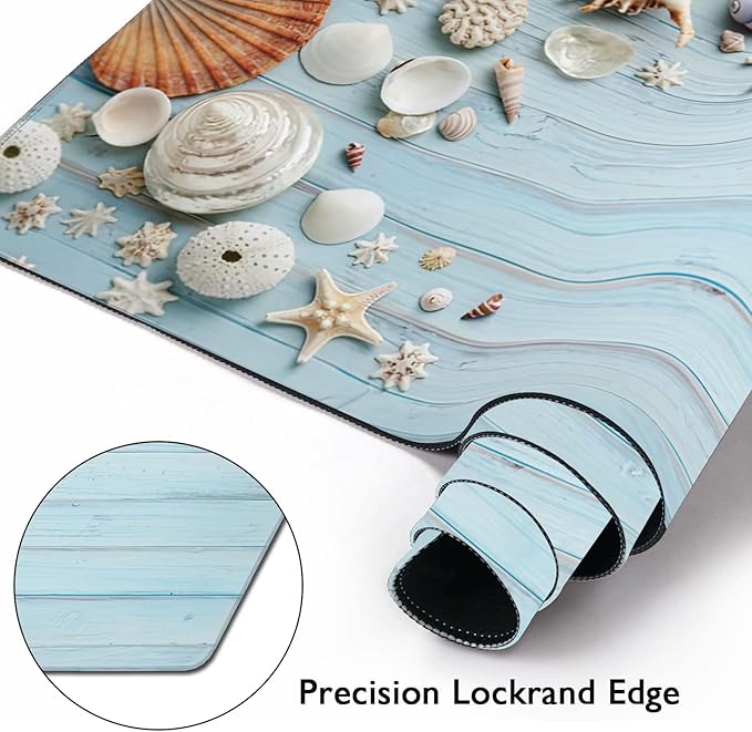 Shells on Blue Wood Large Mouse Pad Extended Gaming Mouse Pad Waterproof Desk Mat with Stitched Edge,Non Slip Base Keyboard Mouse pad for Home Office 35.4" X 15.7"