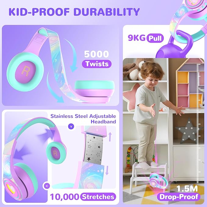iClever Auraa Active Noise Cancelling Headphones for Kids, LED Light Up, Bluetooth 6.0, Safe Volume 80dBA, 47H Play Time,Fast Charging,Kids Headphones Wireless with Mic AUX Cord for Travel iPad,Purple