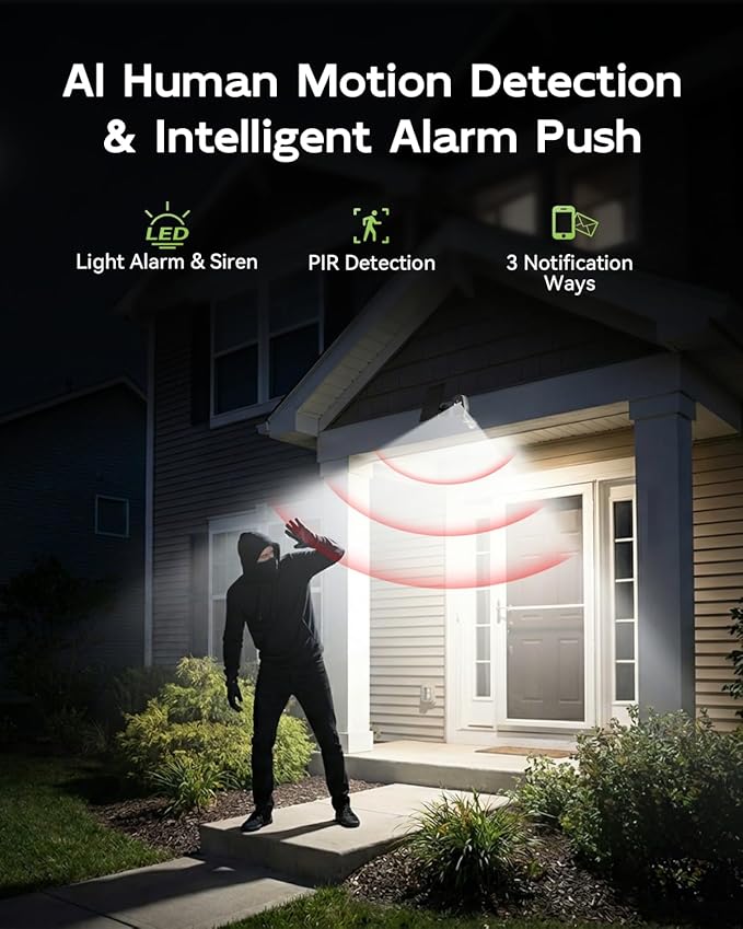 2K Solar Security Cameras Wireless Outdoor, 2.4G/5G WiFi, Powered by Sun Rechargeable Battery Backup, Color Night Vision, PIR AI Motion Detection, 2 Way Talk, IP66, Works with Alexa/Cloud/SD