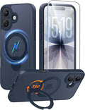 FNTCASE for iPhone 17 Case: [360 Spin Magnetic Stand] [Compatible with Magsafe] [Screen Protector] Translucent Matte Military Grade Shockproof Full Camera Protective Phone Cover - Deep Blue