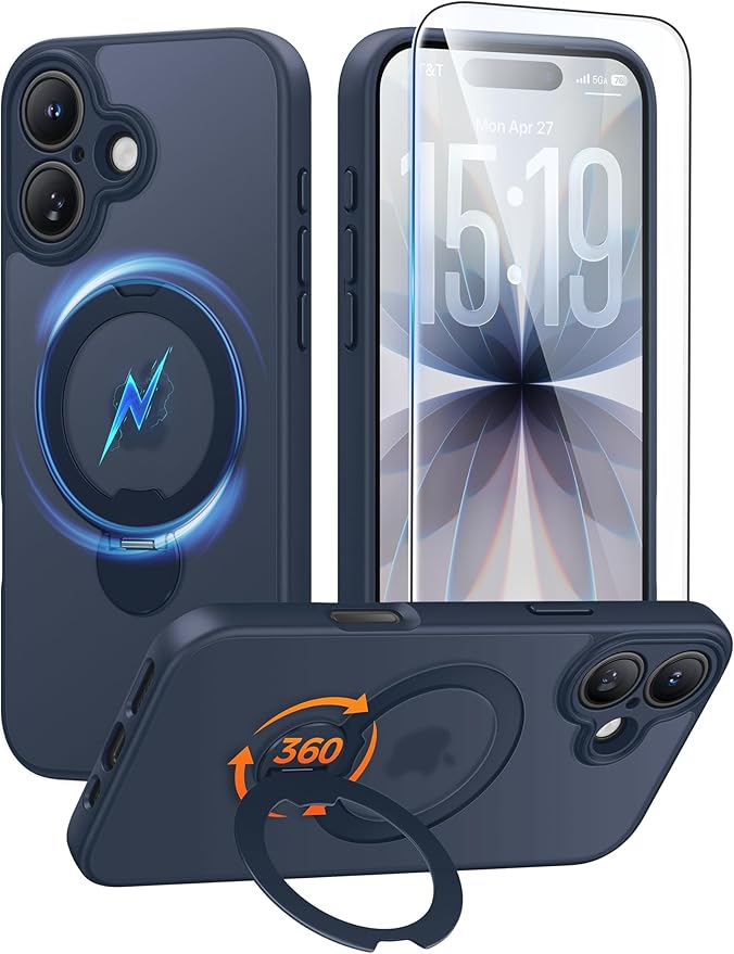 FNTCASE for iPhone 17 Case: [360 Spin Magnetic Stand] [Compatible with Magsafe] [Screen Protector] Translucent Matte Military Grade Shockproof Full Camera Protective Phone Cover - Deep Blue