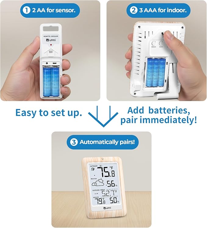 Indoor Outdoor Thermometer Wireless Weather Station, Temperature Humidity Monitor Battery Powered Inside Outside Thermometers with 330ft Range Remote Sensor and Backlight Display（Wood）