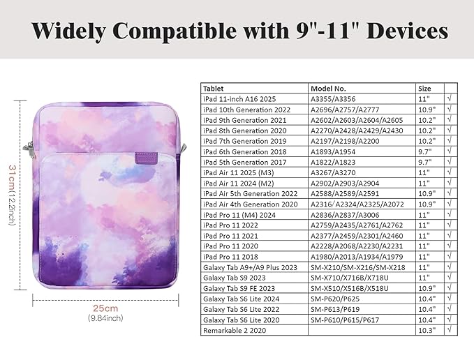TiMOVO 9-11 Inch Tablet Sleeve Bag with Shoulder Strap for iPad 11-inch A16 2025, iPad 10th Gen. 10.9"/10.2", Galaxy Tab A9+/A11Plus 11", Watercolor Purple