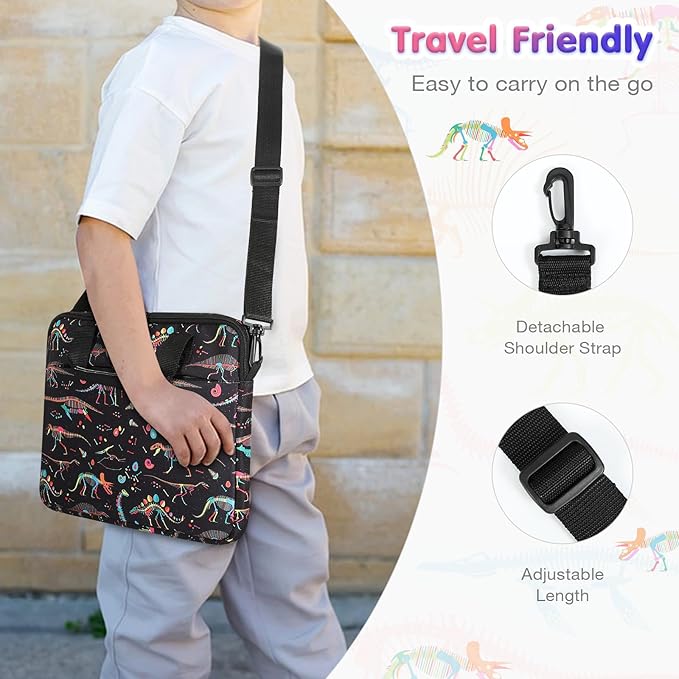MoKo 10-12.5 Inch Kids Tablet Sleeve Carrying Case for Fire HD 10 13th/11th Gen, Fire HD 8/7 Kids 2022, Tablet Bag with Shoulder Strap for 10/10.1 Inch Android 12/13, Black Dinosaur