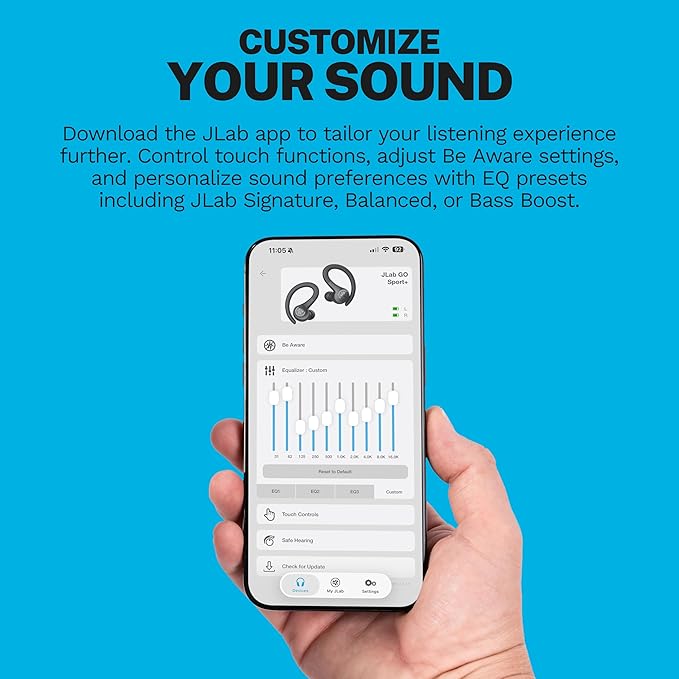 JLab Go Sport+ Wireless Workout Earbuds with C3 Clear Calling, Secure Earhook Sport Design, 35+ Hour Bluetooth Playtime, 3 EQ Sound Settings, Light Blue