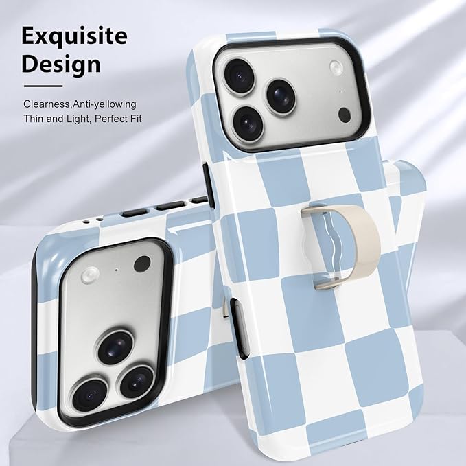 KANGHAR Compatible with iPhone 17 Pro Max Case, Support for MagSafe, Silicone Checkered Cute Pattern, Wristband Kickstand Camera Protection Soft Slim Phone Case for Girls Women -Light Blue