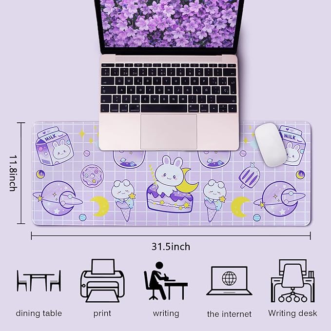 Kawaii Bunny Gaming Mouse Pad for Desk, Extended Large Bunny Rabbit Moon Mouse Pad, Purple Mousepad XL, Long Big Mouse Mat, Kawaii Bunny Decor Stuff Accessories, 31.5 X 11.8 Inch