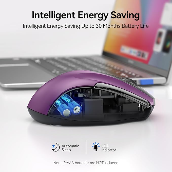 TECKNET Wireless Mouse (2.4G & BT5.0/3.0) Silent 4800 DPI Computer USB A & Bluetooth Mouse 6 Buttons, Wide Compatibility - Purple
