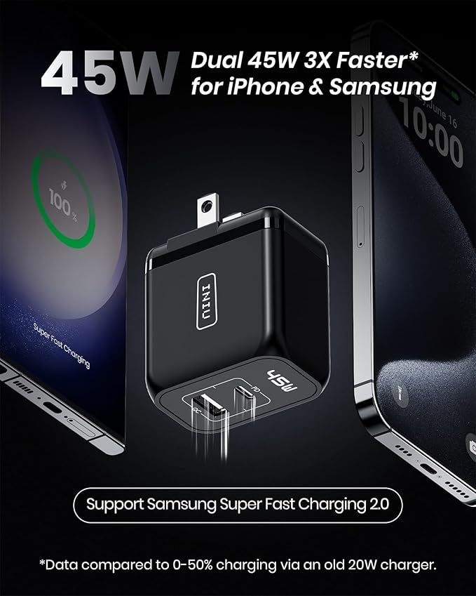 USB C Charger, INIU 2-Port 45W Super Fast Charger Type C, Mini Foldable PD PPS USB C Wall Charger Block by GaN Tech for Samsung Galaxy S23 Ultra iPhone 16 15 14 MacBook iPad Pro Steam Deck etc