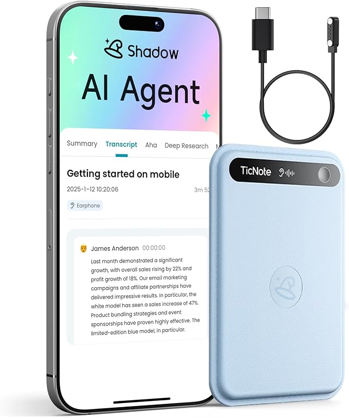 Mobvoi TicNote Lite AI Voice Recorder, AI Note Taker with Instant Transcription & Summarization, APP Control, 120+ Languages, Shadow AI Agent for Lectures, Meetings & Calls,Blue