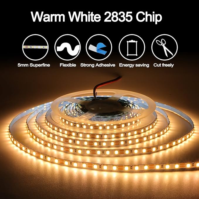 12V LED Strip Lights, 5mm Wide Ultra Narrow Warm White 3000K 16.4ft SMD 2835 IP20 120 LEDs/M, Total 600 LEDs Rope Light Strip for Bedroom, Kitchen, Advertising Decoration