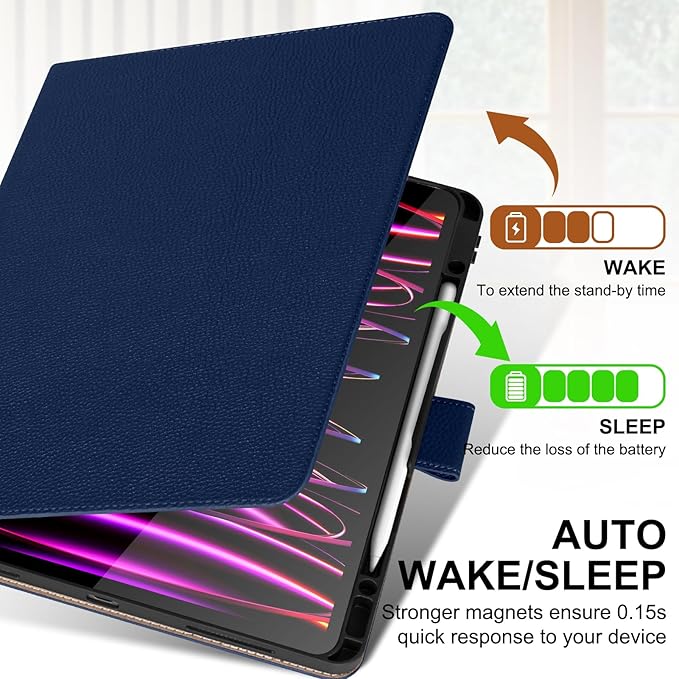 Genuine Leather Case for iPad Pro 13 inch (M5/M4) 2025/2024 with Pencil Holder | Slim Protective Cover with Adjustable Stand,Magnetic Closure,Auto Wake/Sleep, Premium Leather | Blue