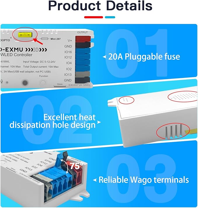 GLEDOPTO Elite ESP32 WLED LED Strip Light Controller 4 Outputs Ethernet Microphone UART Energy Saving Relay 20A Pluggable Fuse DIY Dynamic for WS2811 WS2812 SK6812 WS2815 Digital Addressable RGB IC