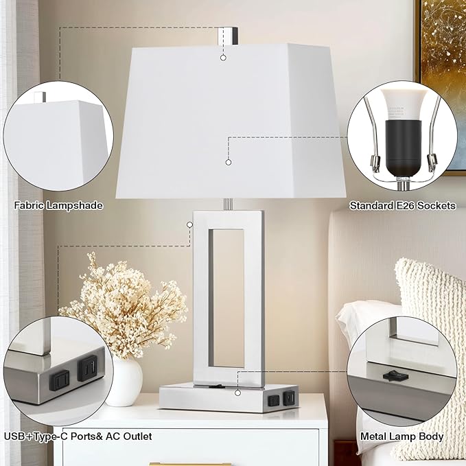 Cinkeda Table Lamp Set of 2 with USB C+A Ports & AC Outlet, Bedside Lamps, Modern Bedroom Lamps, Silver Lamps for Bedroom Living Room,Nightstand Lamp（Push Button Swich/NO dimming