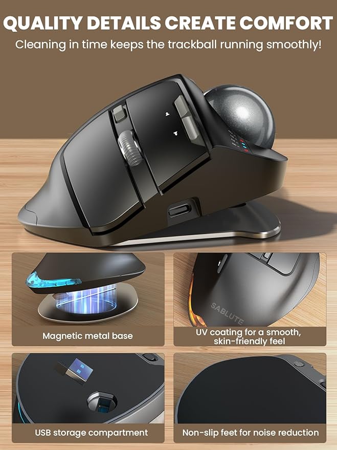 SABLUTE MAM1 Pro Ergonomic Wireless Trackball Mouse, Adjustable 0°/18° Angle, Thumb Control, Quiet Clicks, 3 Multi-Device Bluetooth & USB Receiver, Rechargeable Mouse for Office, Windows Mac