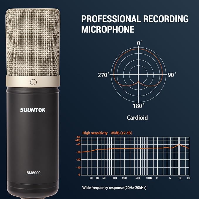 SUUNTOK Condenser Microphone XLR, Large Diaphgram Professional Recording Cardioid Microphone Kit w/Shock Mount, for Studio, Live Streaming, Podcasting, Voice-Over, You-Tube (Black)