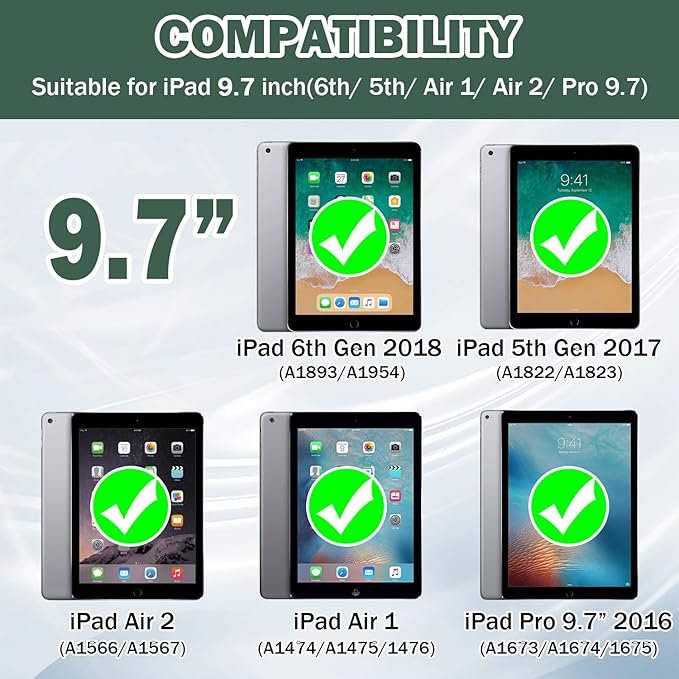 ZoneFoker 9.7" Case for iPad 6th/5th Generation 2018/2017, for iPad Air 2 / Air 1st / Pro 9.7, Heavy Duty Shockproof Protective 9.7 Inch Cover with Built-in Stand for i Pad 6 5 Gen(Deep Green)