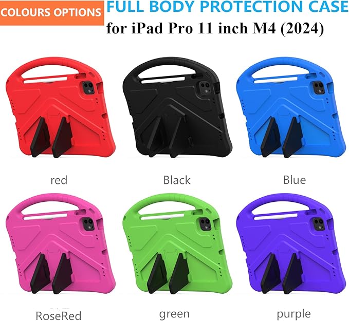 Kids Case for iPad Pro 11 inch M5/M4 (2025/2024) with Kickstand/Pencil Holder/Handle Stand Lightweight Soft EVA Foam Shockproof Heavy Duty Rugged Protection Kids Girls Boys Cover, Rose