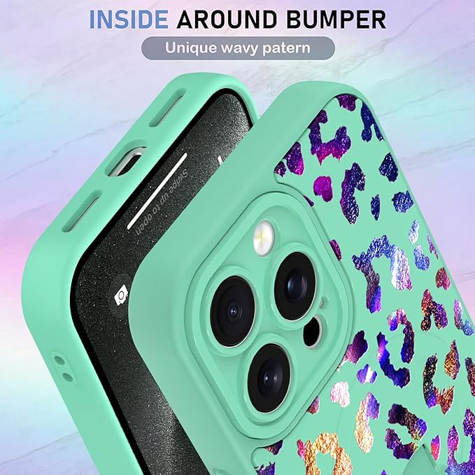 KANGHAR Compatible with iPhone 15 Pro Max Case, Support for MagSafe, Silicone Cute Iridescent Leopard Cheetah Pattern, Wristband Kickstand Shockproof Protective Slim Cover for Women Girls, Green