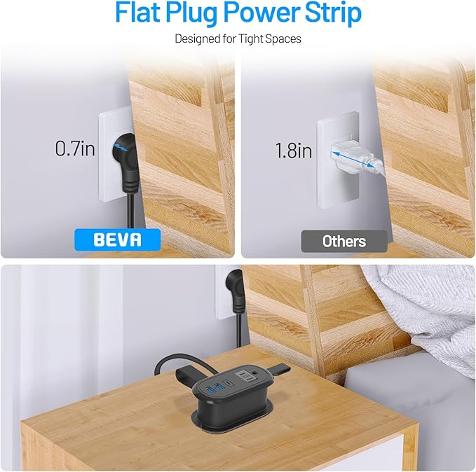 BEVA Travel Power Strip with USB Ports, 4FT Travel Flat Plug Extension Cord, Fast Charge PD 20W 2 Outlets 3 USB Ports, Non Surge Protector for Cruise Ship Travel Essentials(PD20W Charge Black)