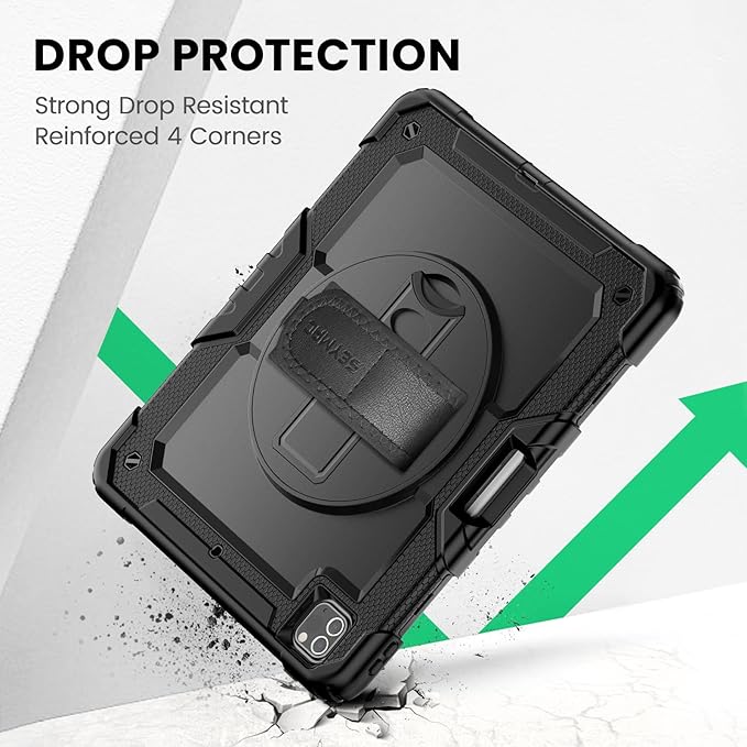 SEYMAC Case for iPad Pro 12.9 2022/2021/ 2020/2018, Heavy Duty Protection Shockproof Case with Screen Protector, 360° Rotating Stand/Handle/Shoulder Strap, Supports Pencil 2 Charging, Black